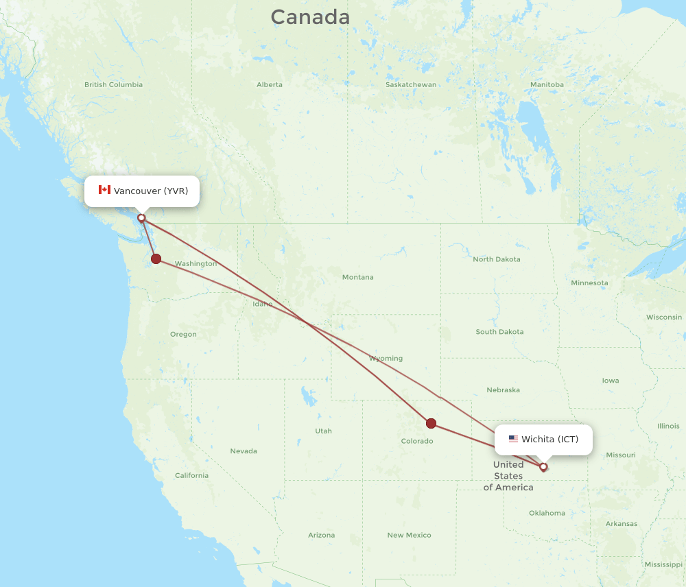Vancouver - Wichita route map and flight paths