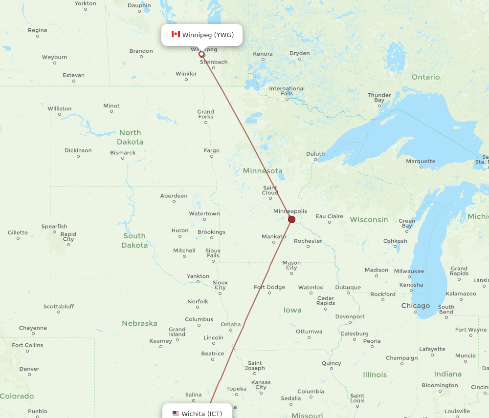 Winnipeg - Wichita route map and flight paths