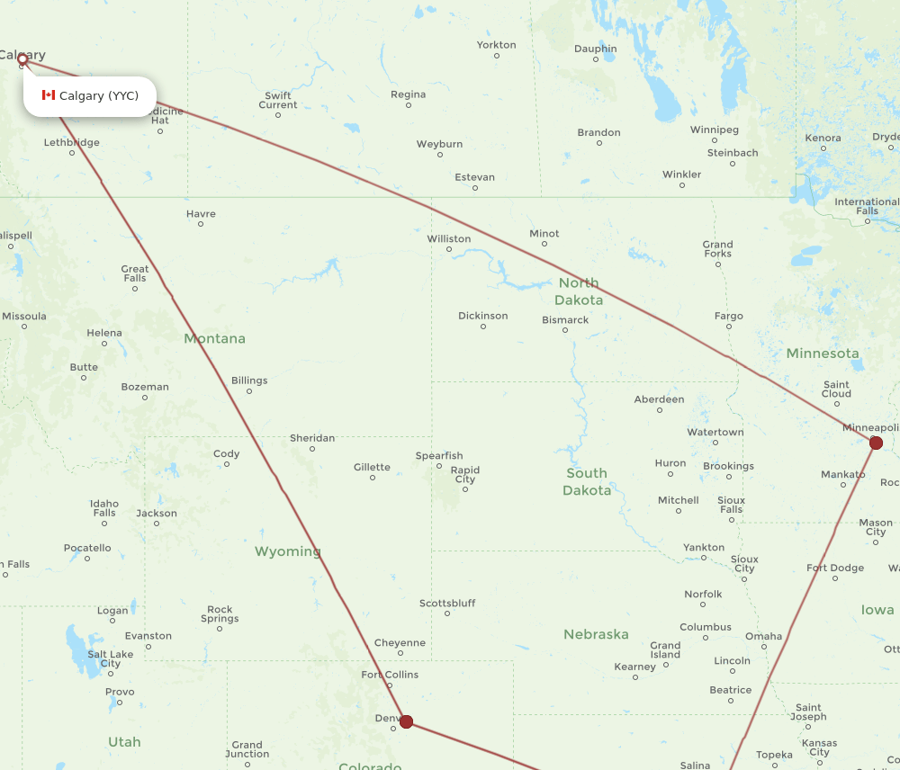 Calgary - Wichita route map and flight paths
