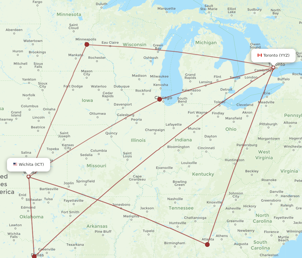 Toronto - Wichita route map and flight paths