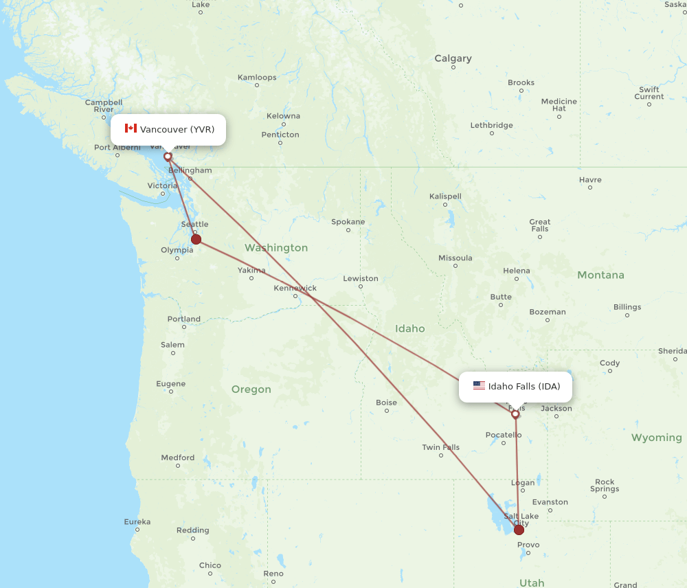 Vancouver - Idaho Falls route map and flight paths