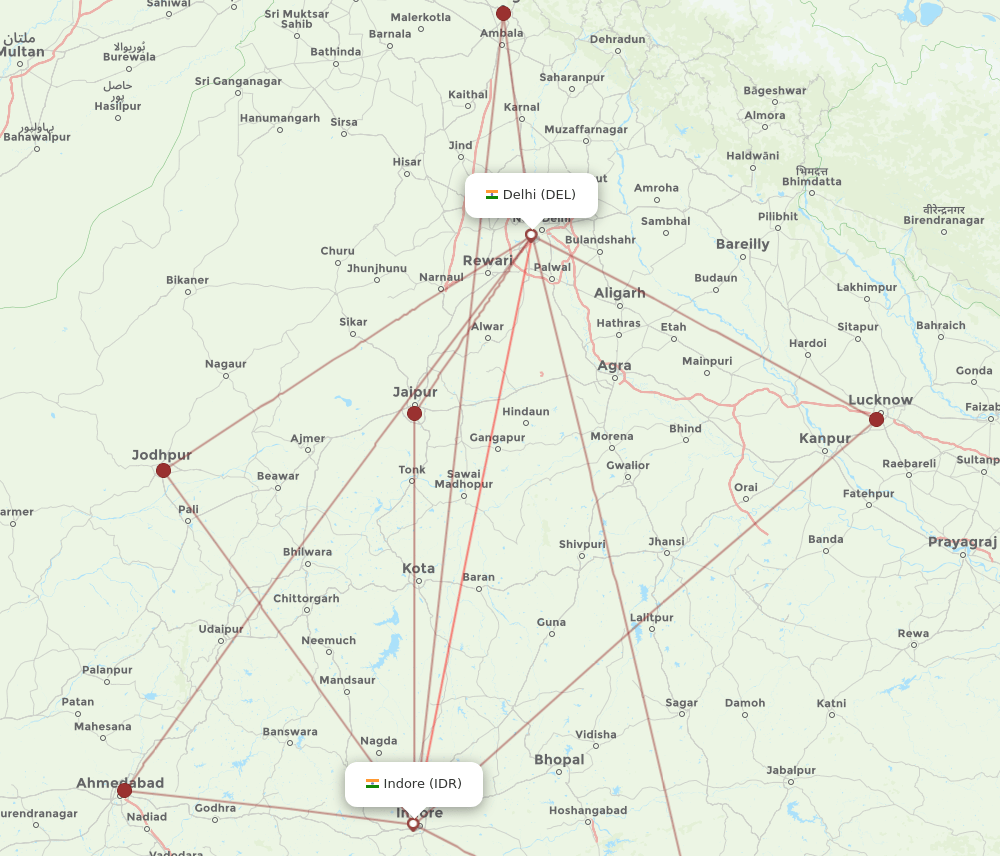 IDR to DEL flights and routes map