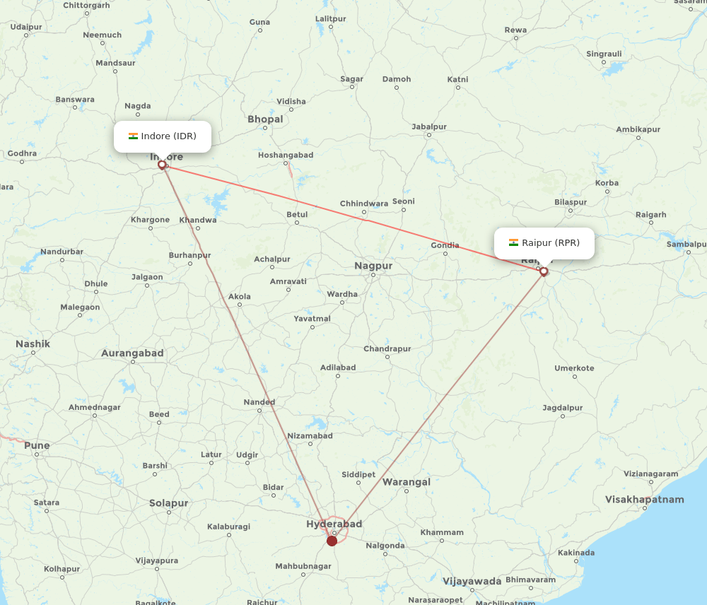 Indore - Raipur route map and flight paths
