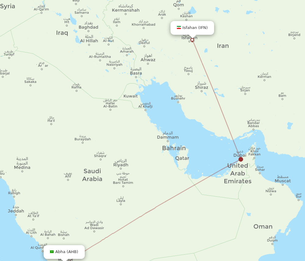 Abha - Isfahan route map and flight paths