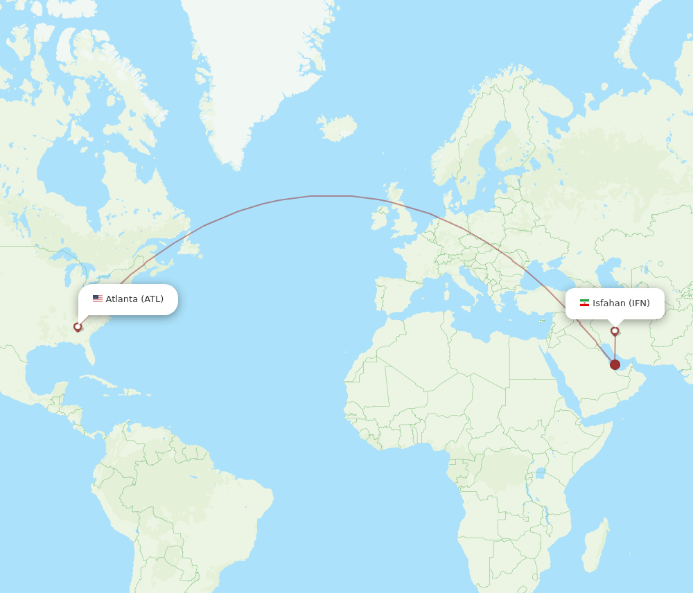 Atlanta - Isfahan route map and flight paths
