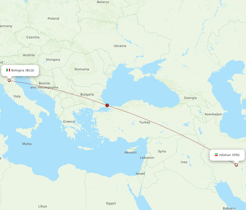 Bologna - Isfahan route map and flight paths