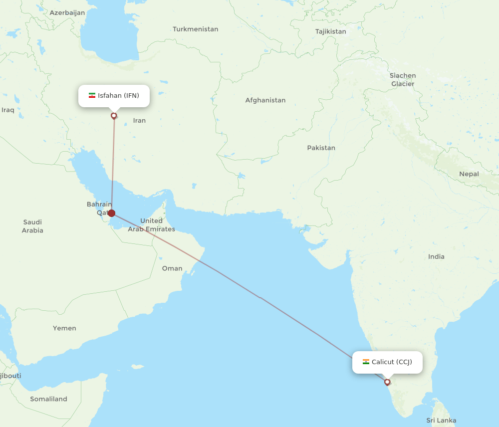 Kozhikode - Isfahan route map and flight paths