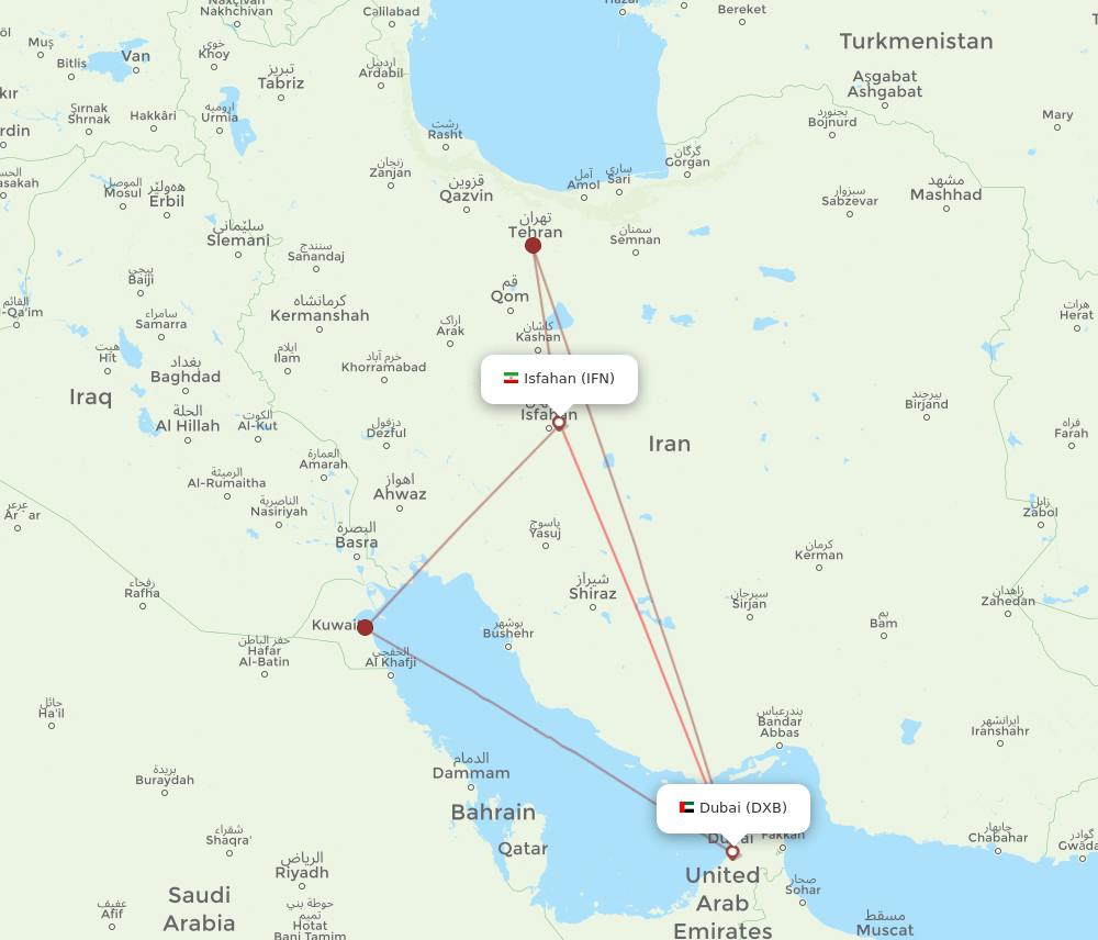 IFN to DXB flights and routes map