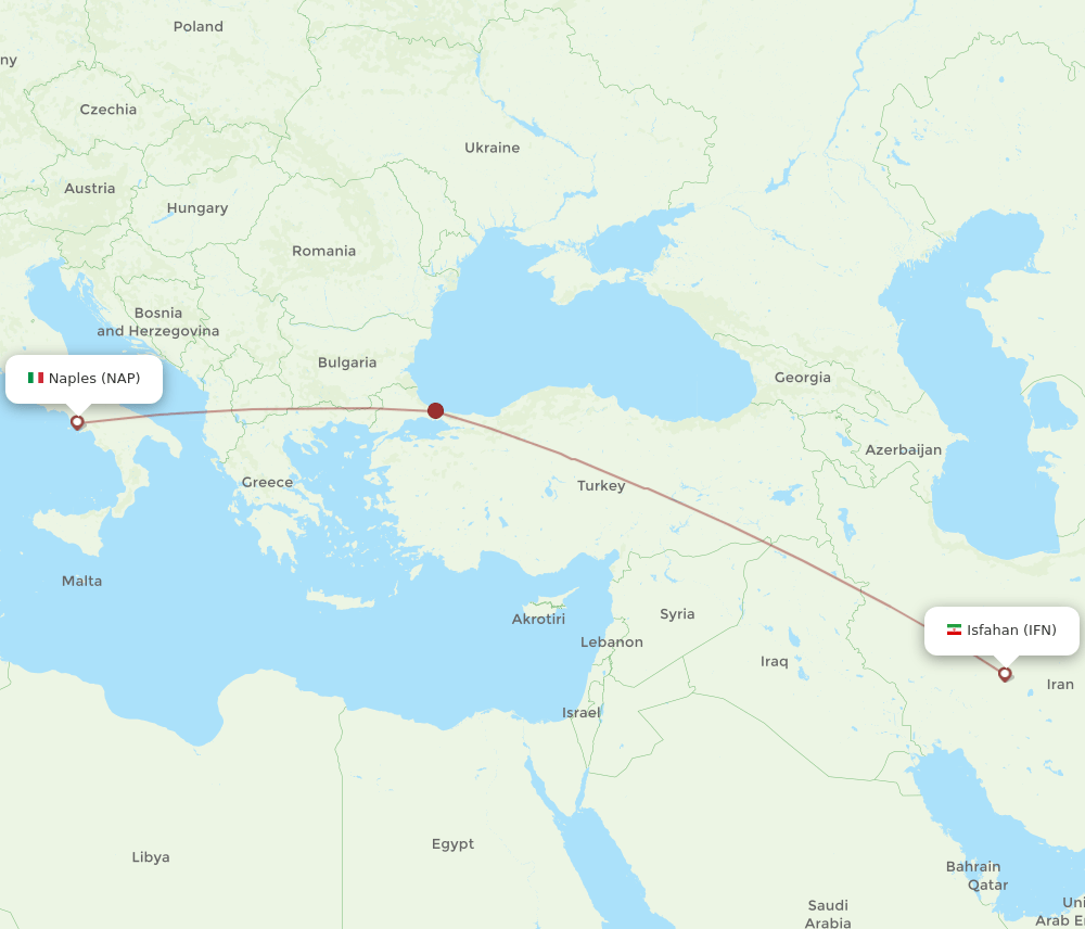 Naples - Isfahan route map and flight paths