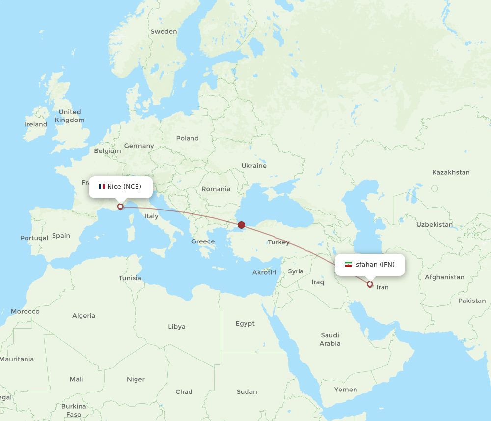 Nice - Isfahan route map and flight paths