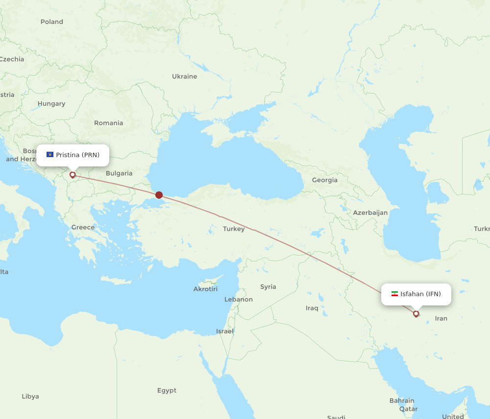 Pristina - Isfahan route map and flight paths
