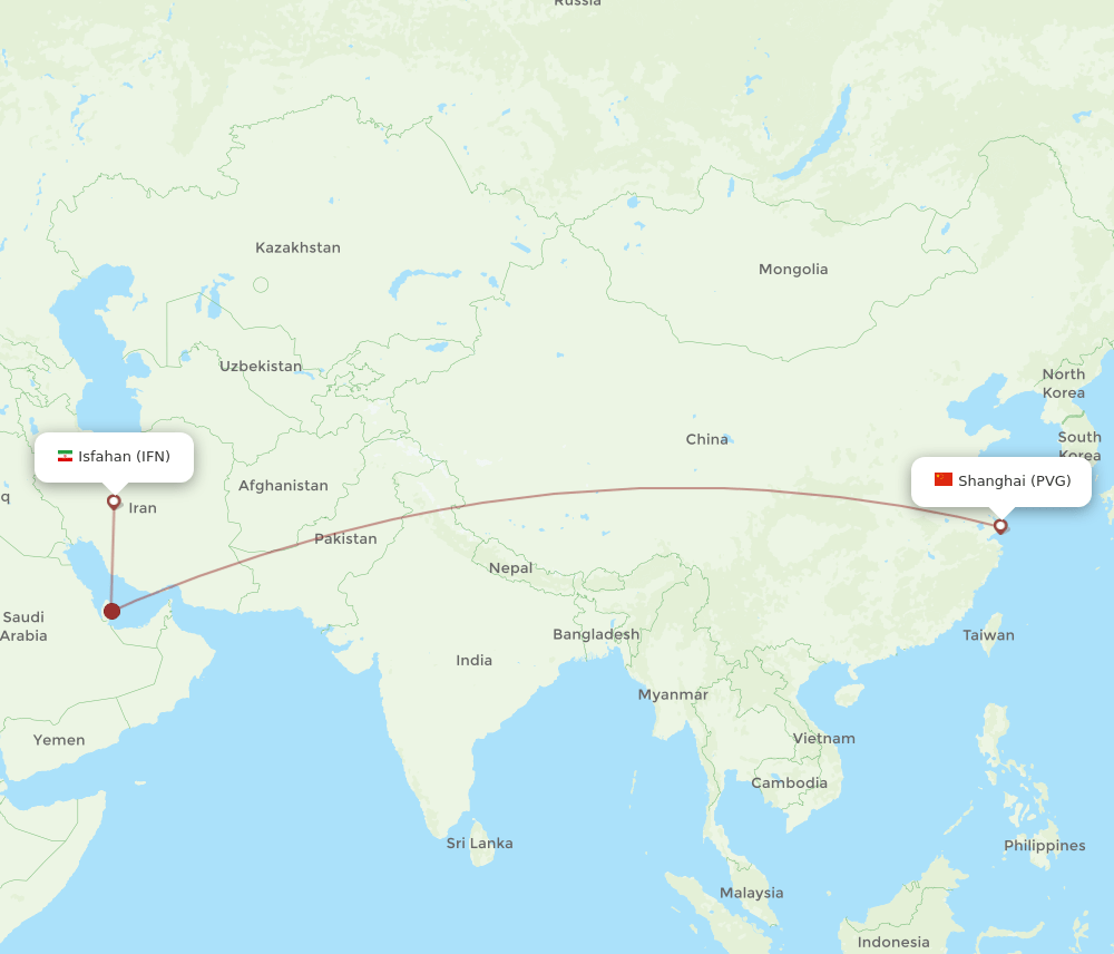 Shanghai - Isfahan route map and flight paths