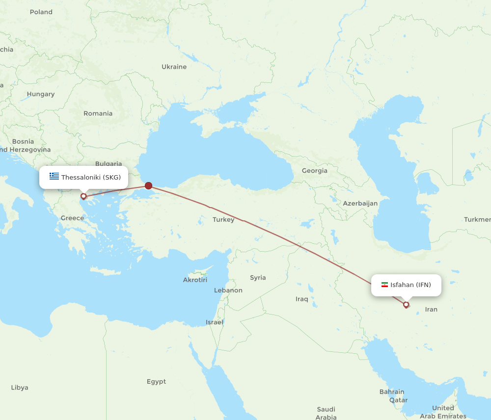 Thessaloniki - Isfahan route map and flight paths