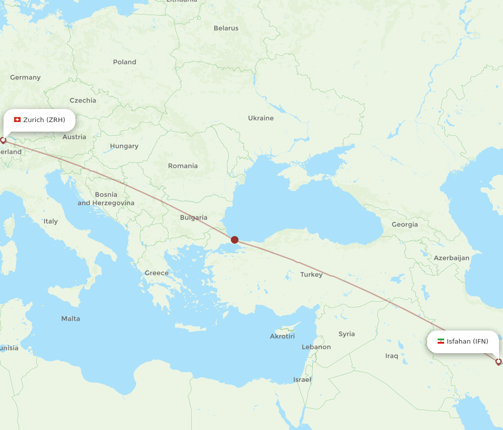 Zurich - Isfahan route map and flight paths