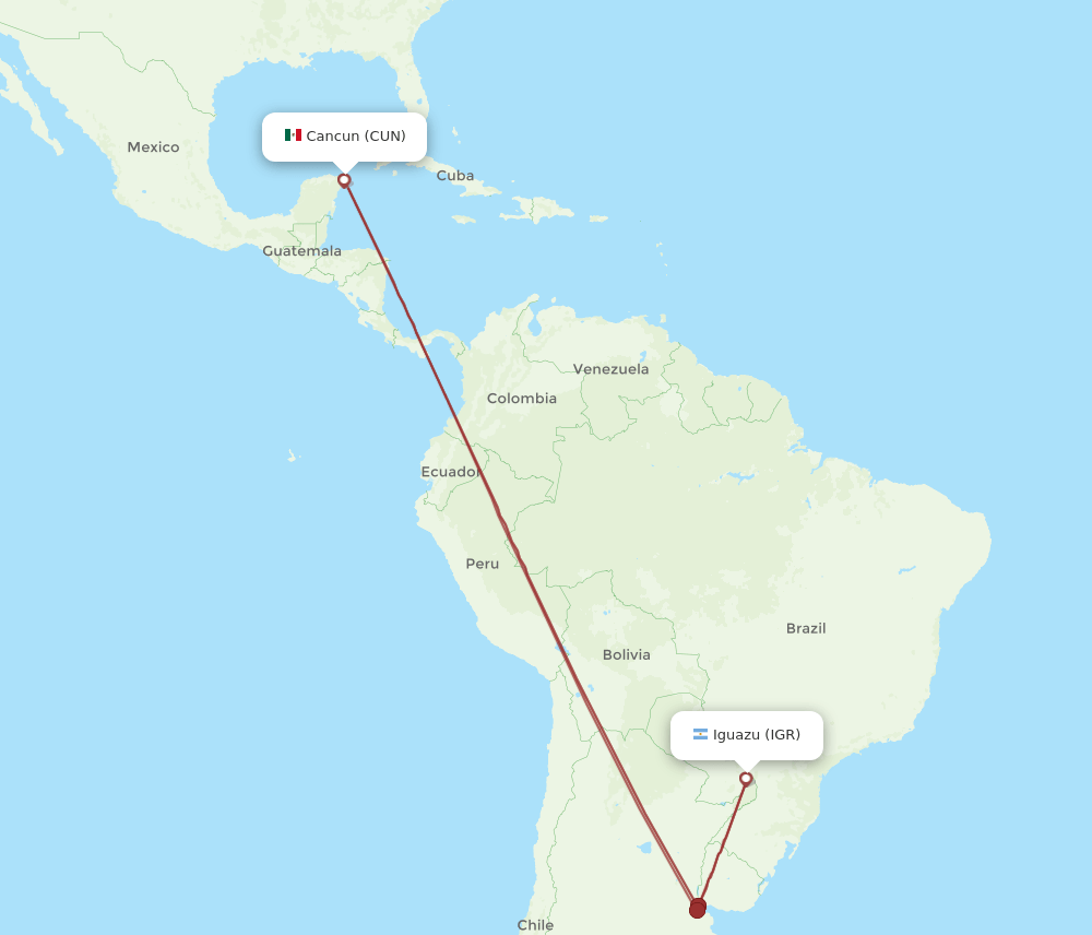 Cancun - Iguazu route map and flight paths
