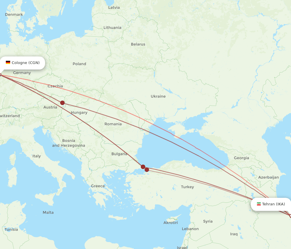 IKA to CGN flights and routes map