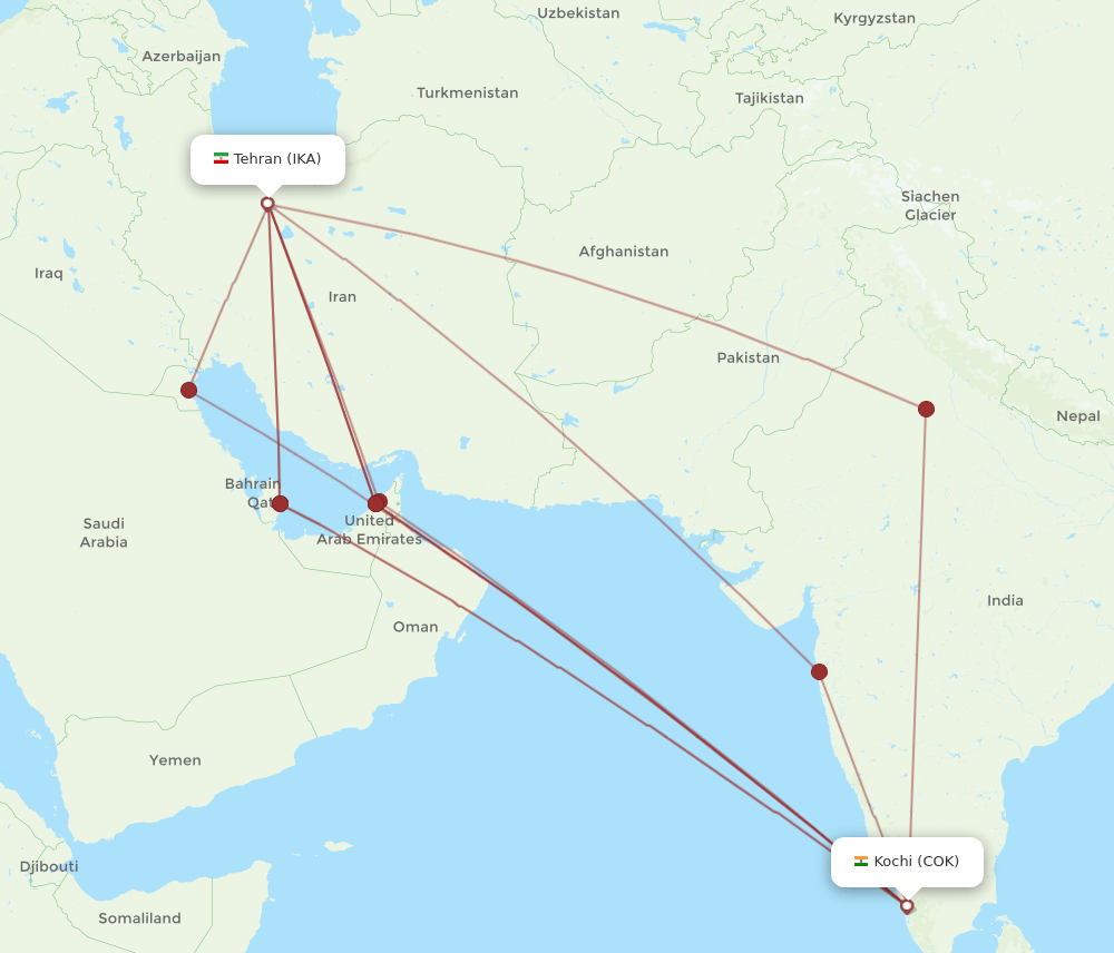 IKA to COK flights and routes map