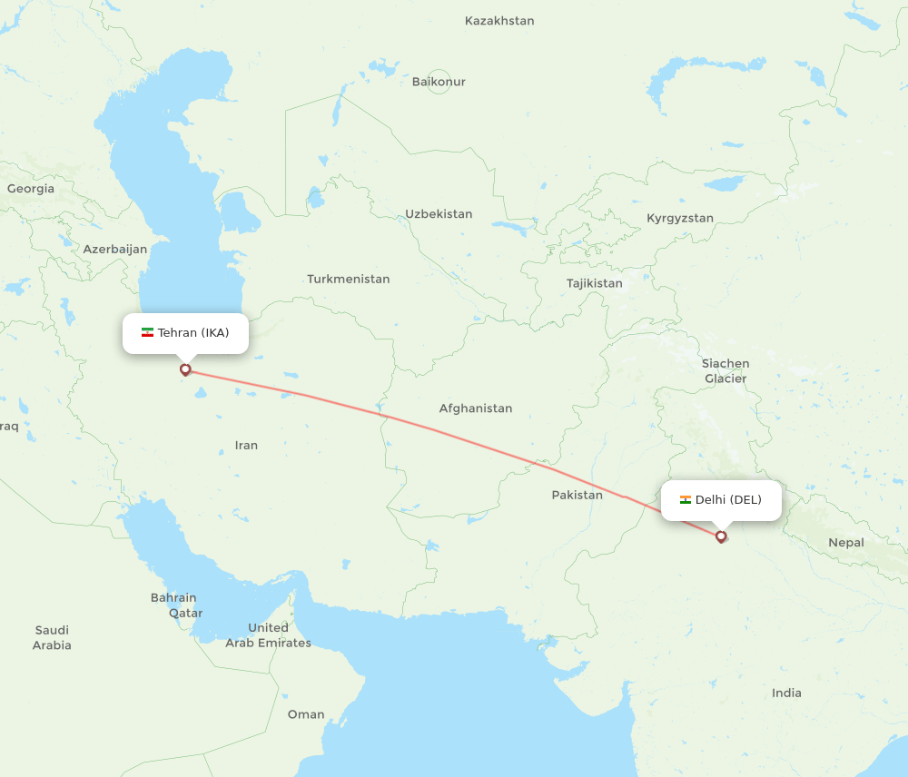 Tehran - Delhi route map and flight paths
