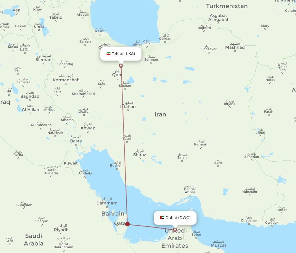 Tehran - Dubai route map and flight paths
