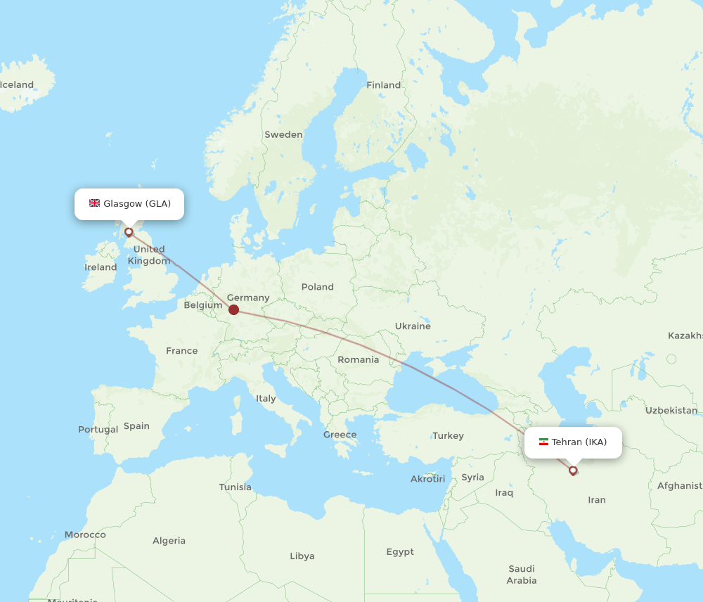 Tehran - Glasgow route map and flight paths