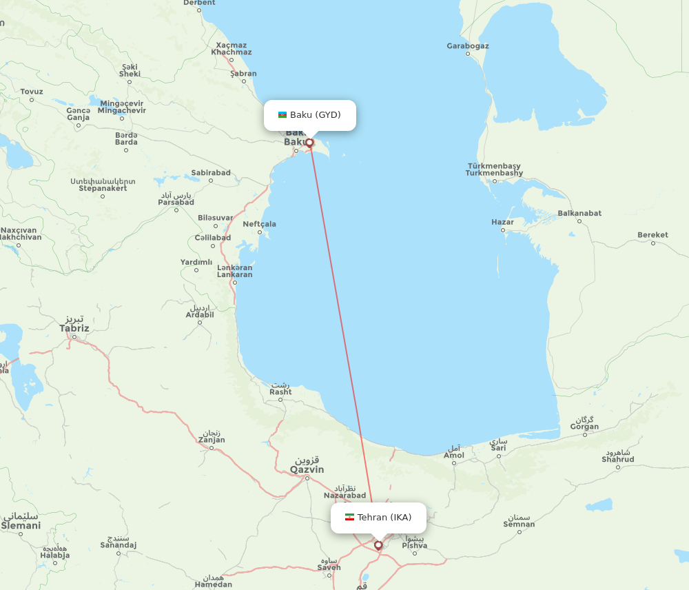 Tehran - Baku route map and flight paths