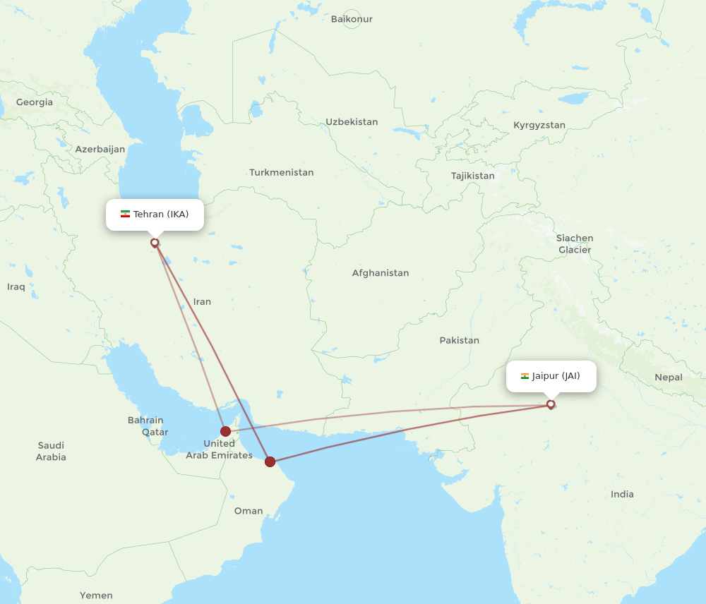 IKA to JAI flights and routes map