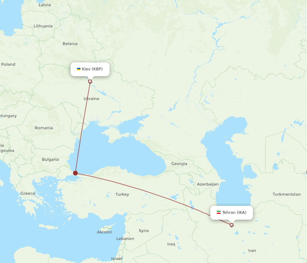 Tehran - Kiev/Kyiv route map and flight paths