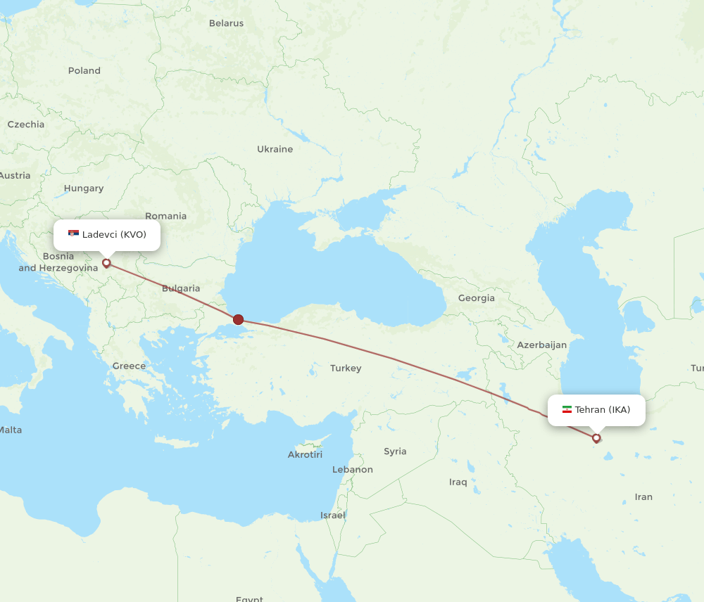Kraljevo - Tehran route map and flight paths
