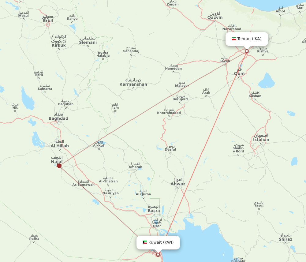 Tehran - Kuwait route map and flight paths