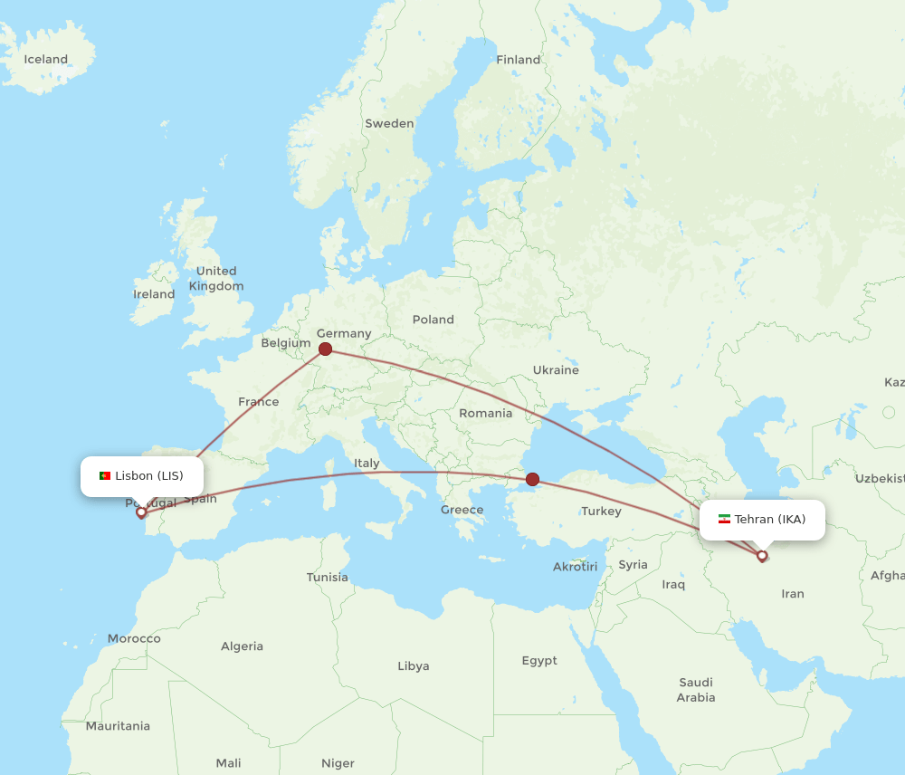 IKA to LIS flights and routes map