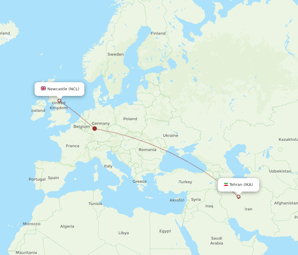 Newcastle - Tehran route map and flight paths