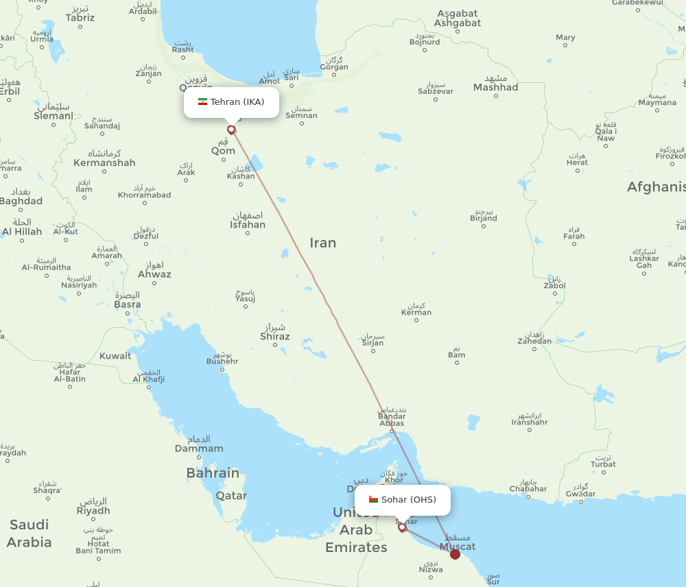 Sohar - Tehran route map and flight paths
