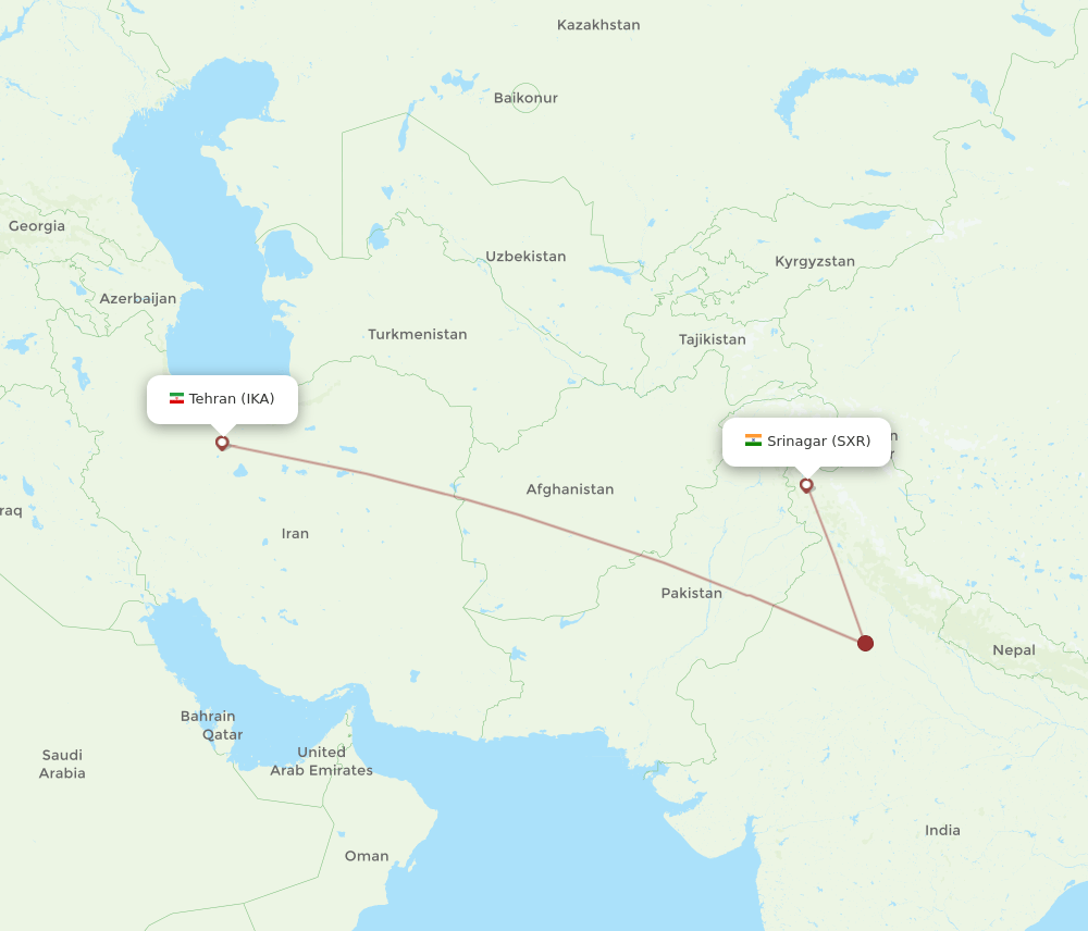 Srinagar - Tehran route map and flight paths