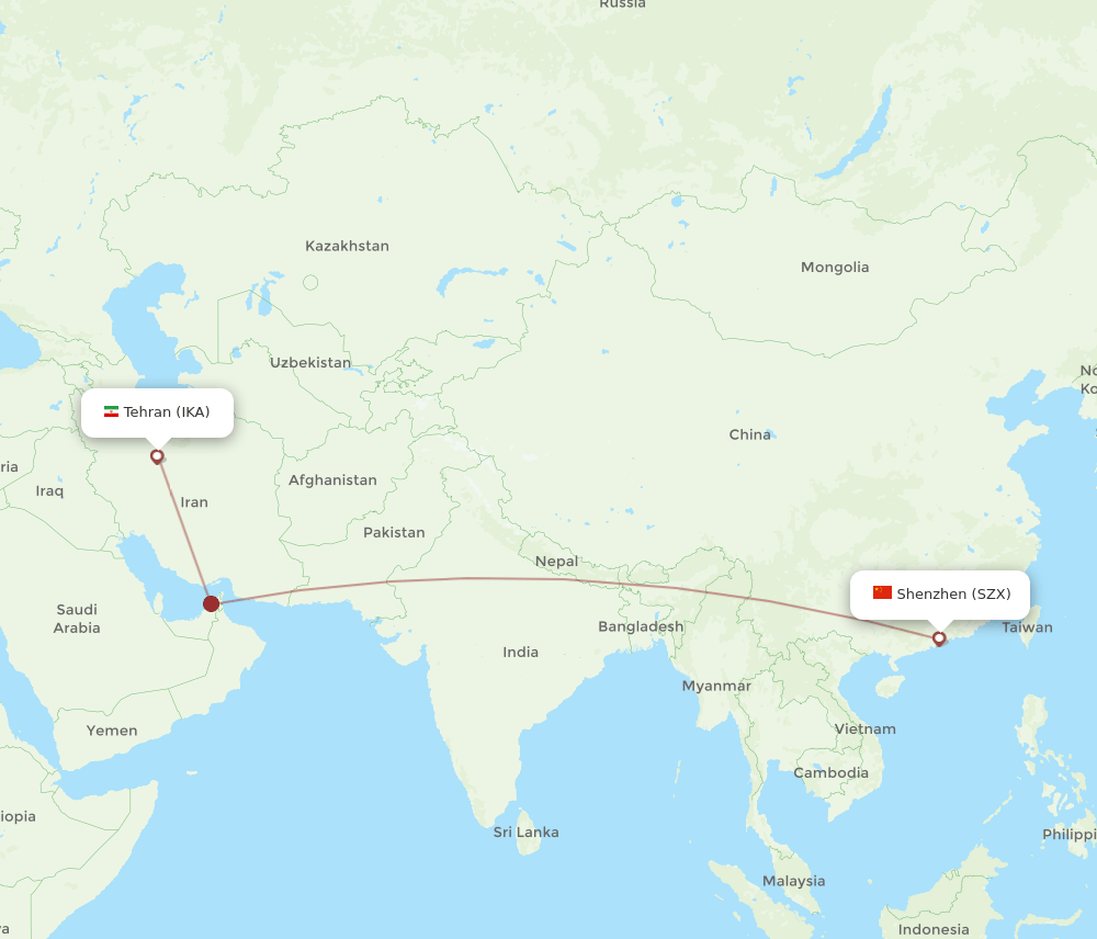 Shenzhen - Tehran route map and flight paths