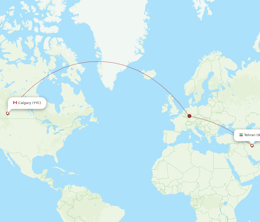 Tehran - Calgary route map and flight paths