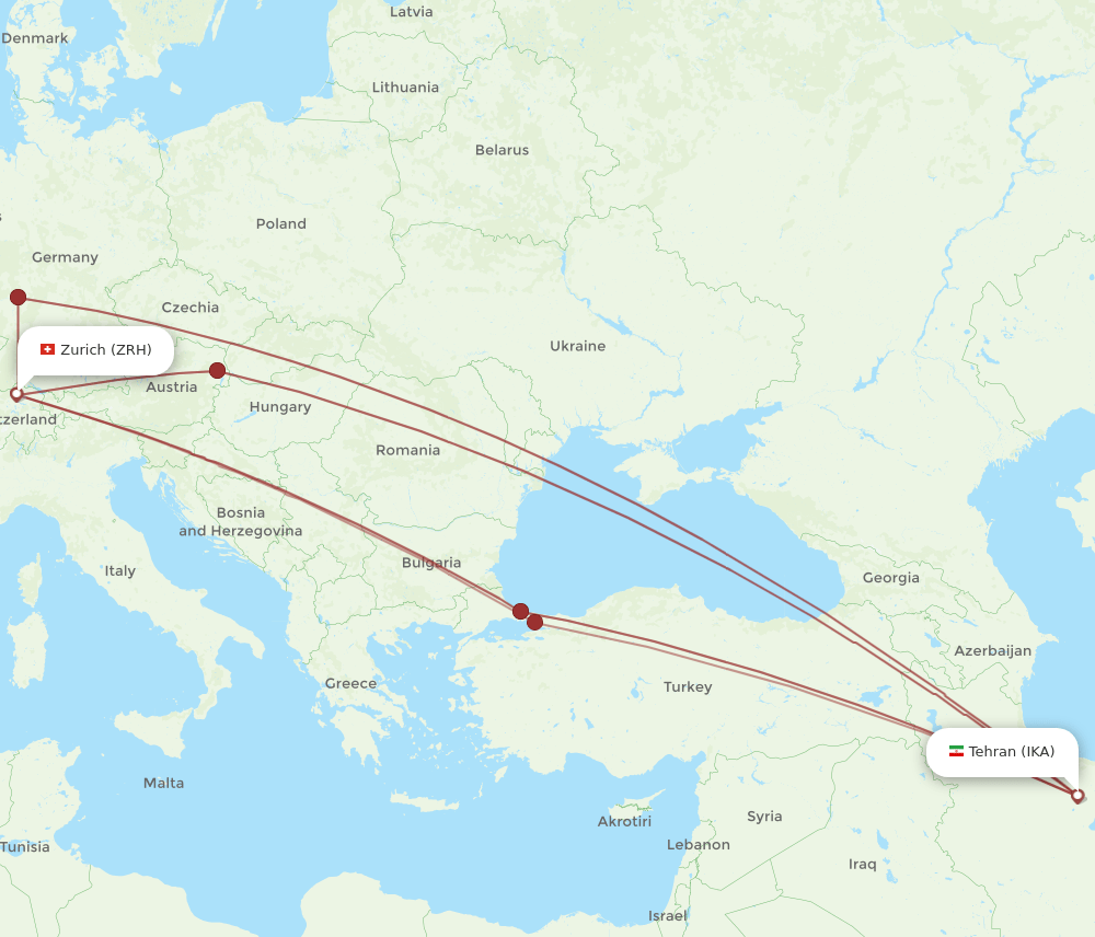 Zurich - Tehran route map and flight paths