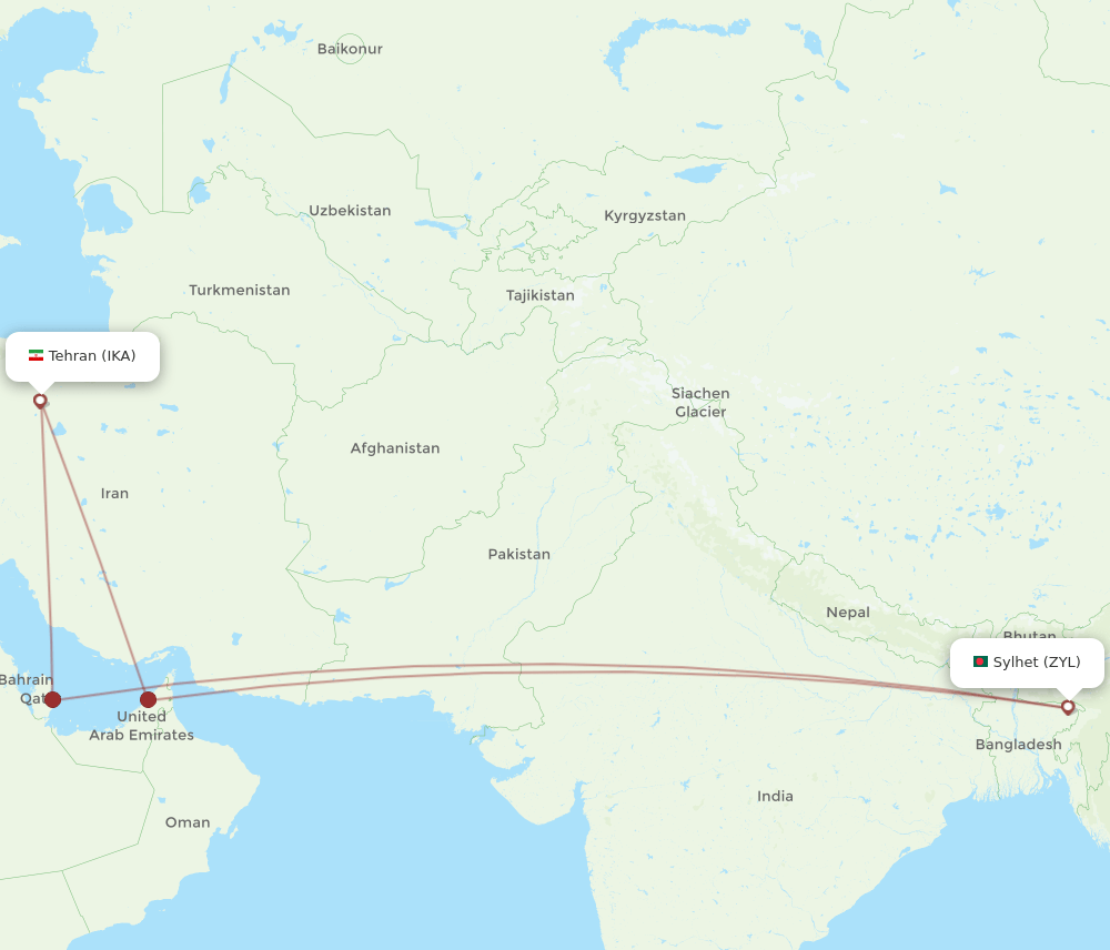 Sylhet - Tehran route map and flight paths
