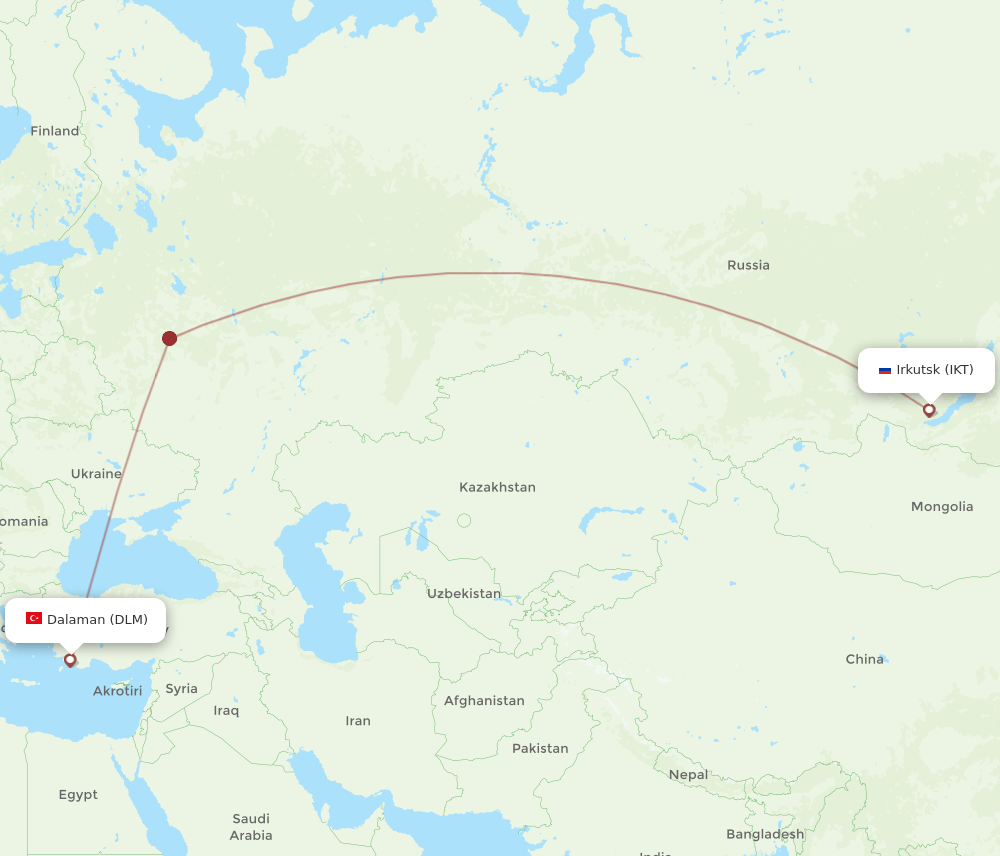 Dalaman - Irkutsk route map and flight paths