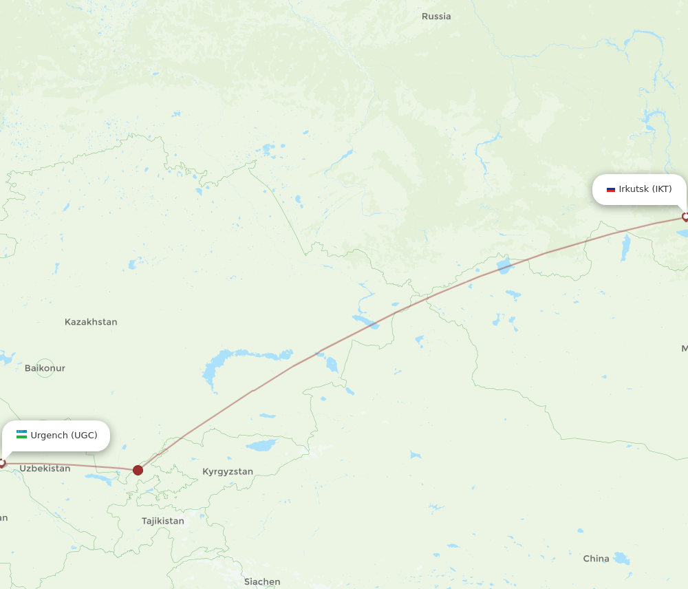 Urgench - Irkutsk route map and flight paths