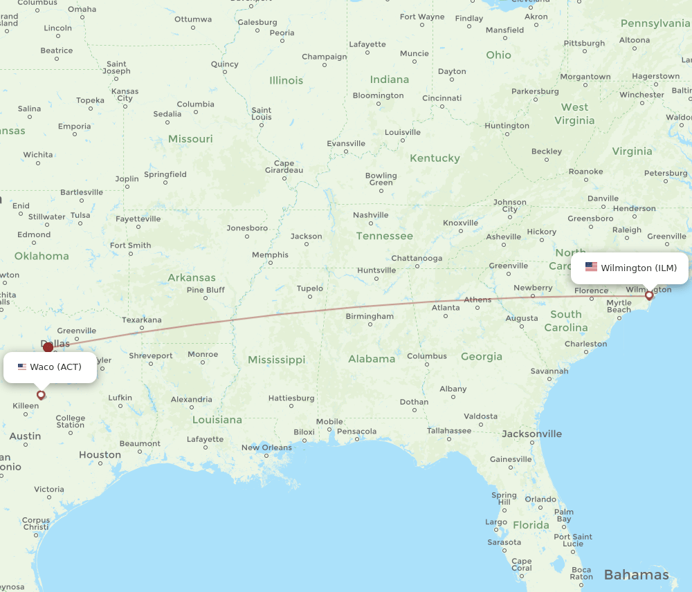 ILM-ACT flight routes