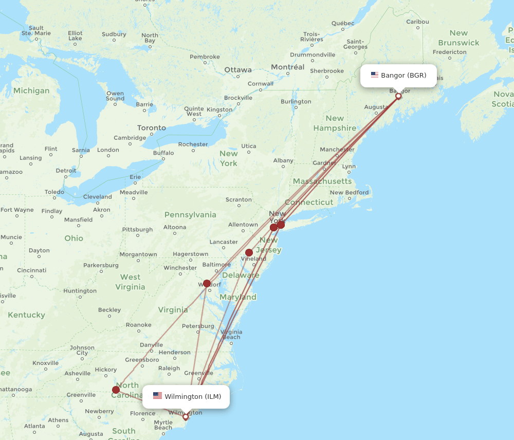 ILM-BGR flight routes