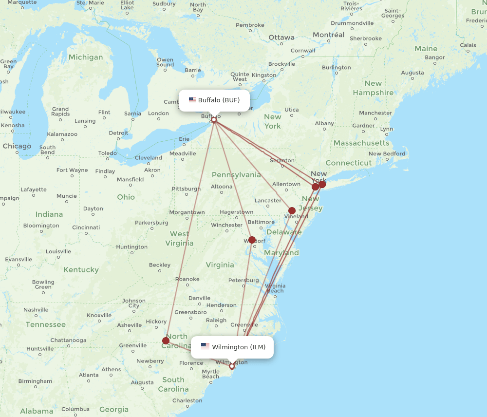 ILM-BUF flight routes