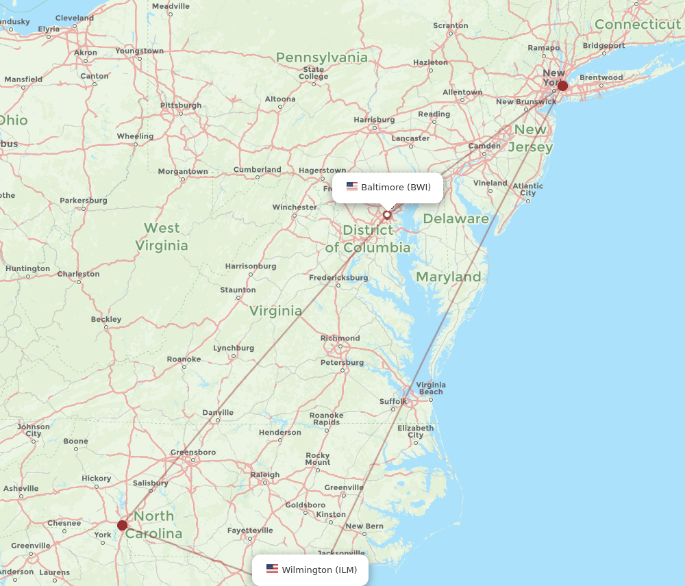 ILM to BWI flights and routes map