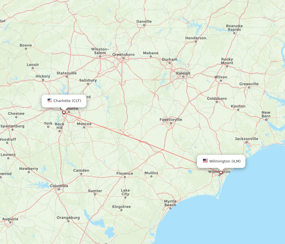ILM to CLT flights and routes map