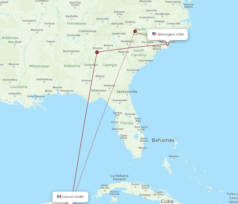 ILM-CUN flight routes