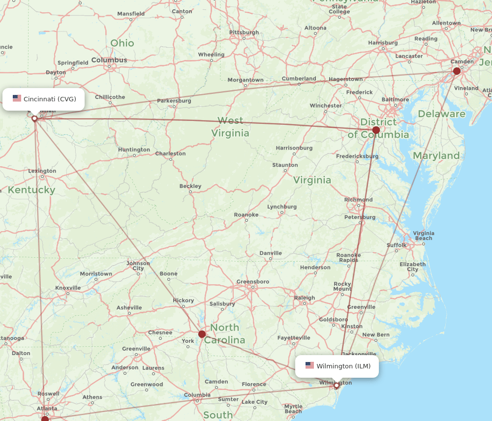 ILM-CVG flight routes