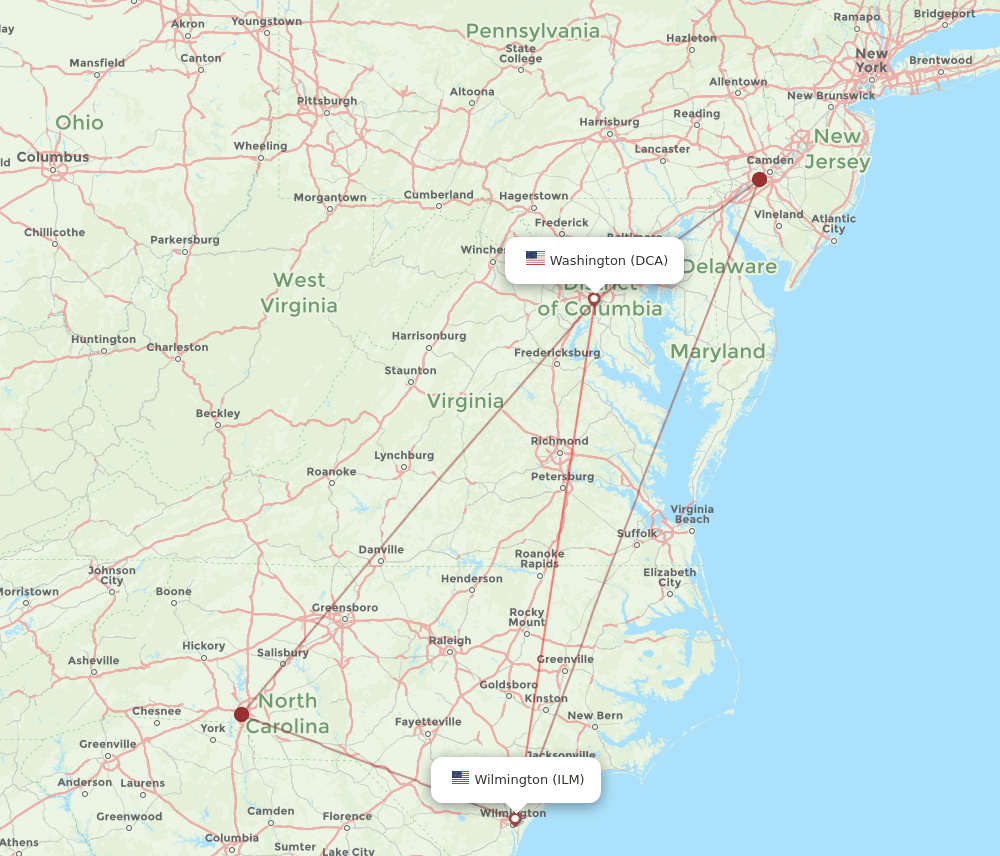 ILM to DCA flights and routes map