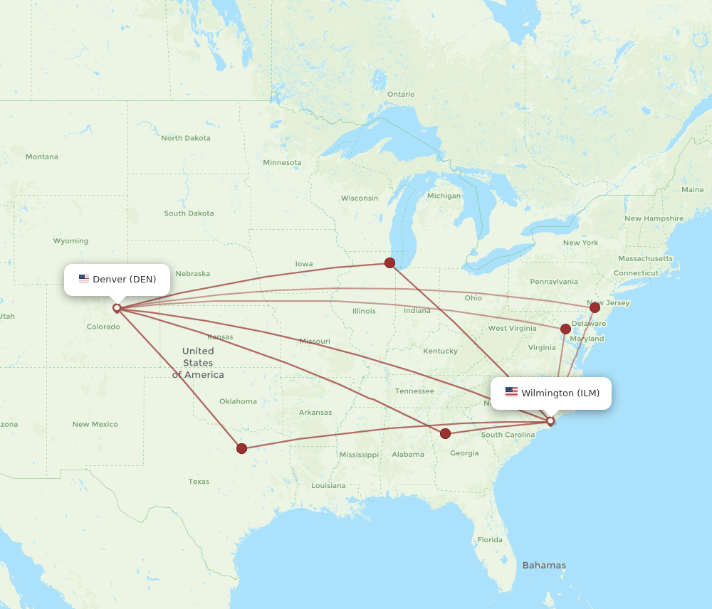 ILM-DEN flight routes