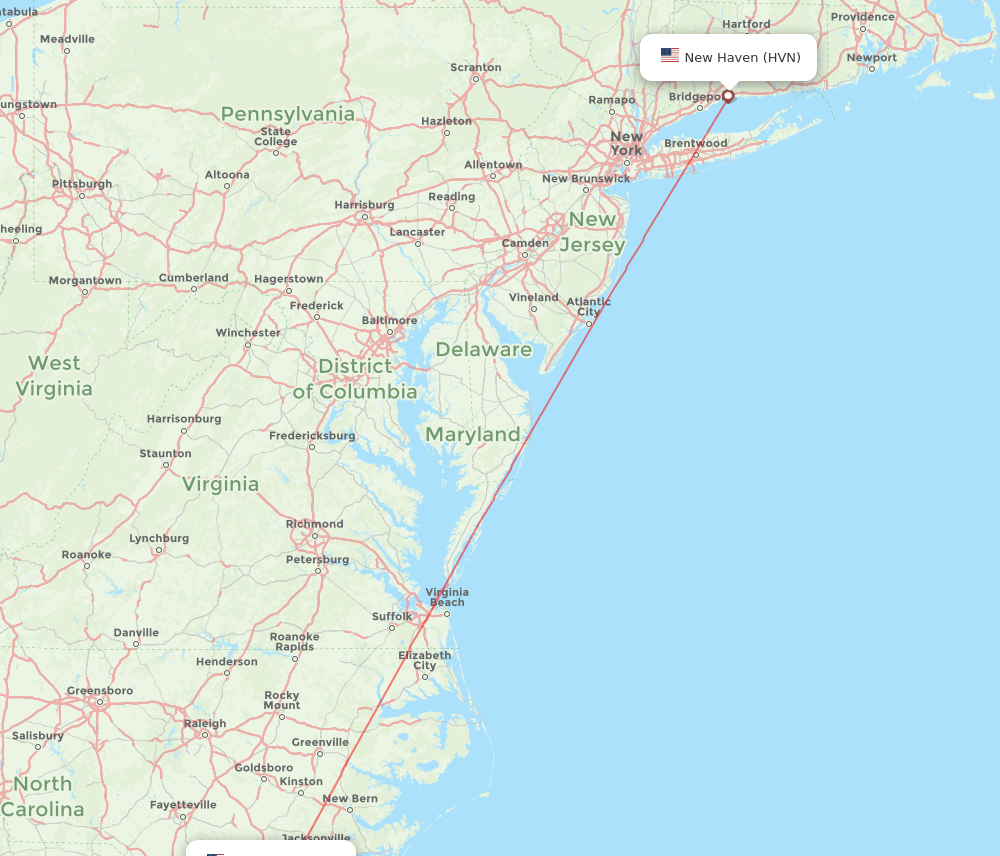 Wilmington - New Haven route map and flight paths