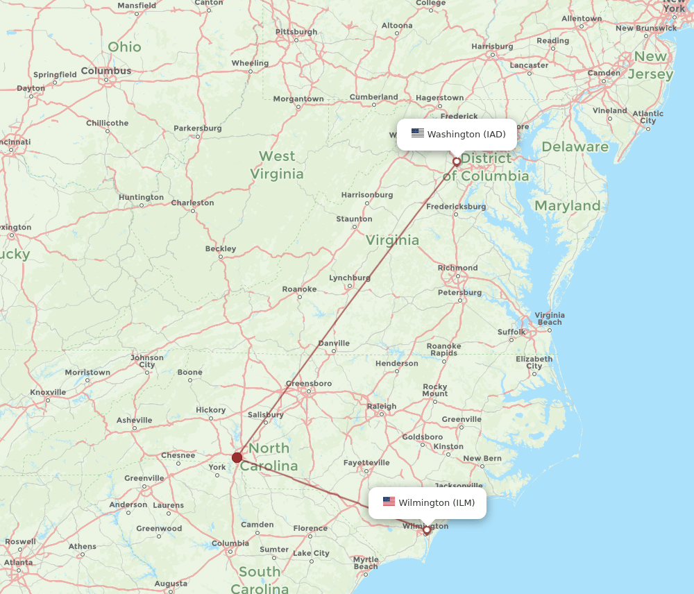 ILM to IAD flights and routes map